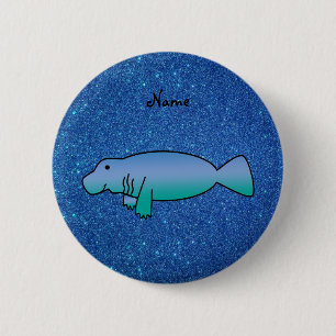 Personalised name manatee blue glitter 6 cm round badge
