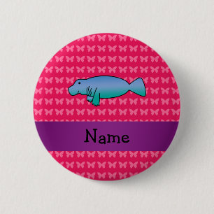 Personalised name manatee pink butterflies 6 cm round badge