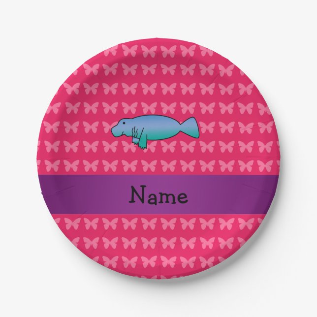 Personalised name manatee pink butterflies paper plate (Front)