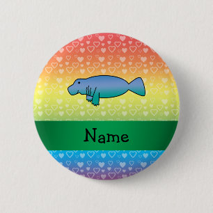 Personalised name manatee rainbow hearts 6 cm round badge