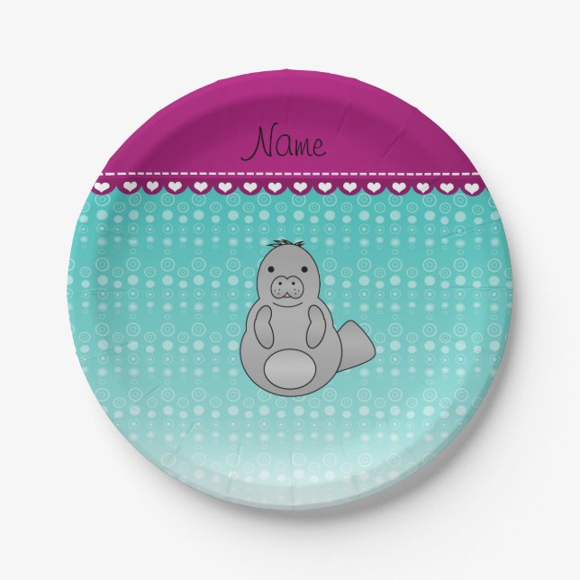 Personalised name manatee turquoise bubbles paper plate (Front)