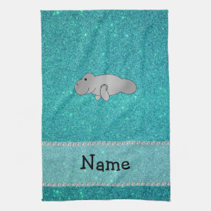 Personalised name manatee turquoise glitter tea towel