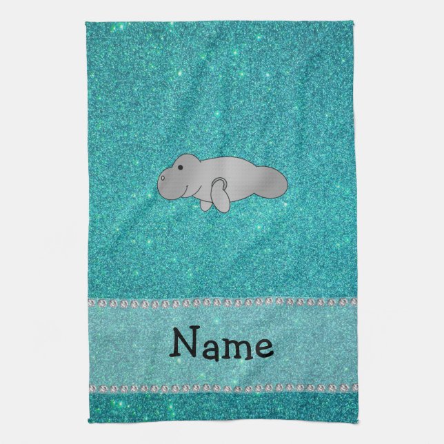 Personalised name manatee turquoise glitter tea towel (Vertical)
