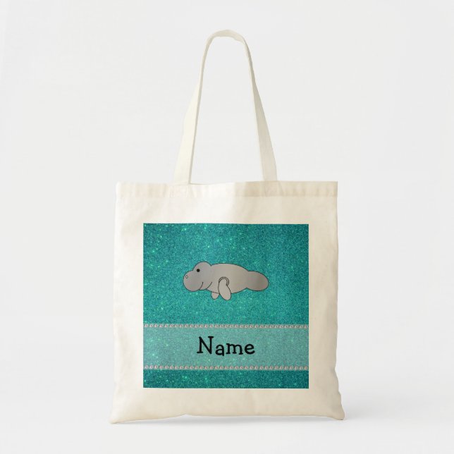 Personalised name manatee turquoise glitter tote bag (Front)