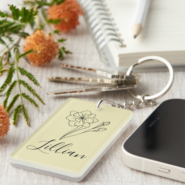 Personalised name March jonquil Birth Flower Key Ring (Front Right)