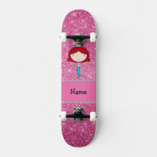 Personalised name mermaid pink glitter skateboard