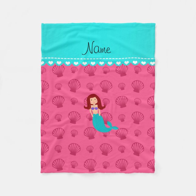 Personalised name mermaid pink shells fleece blanket (Front)