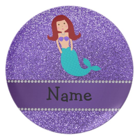 Personalised name mermaid purple glitter plate