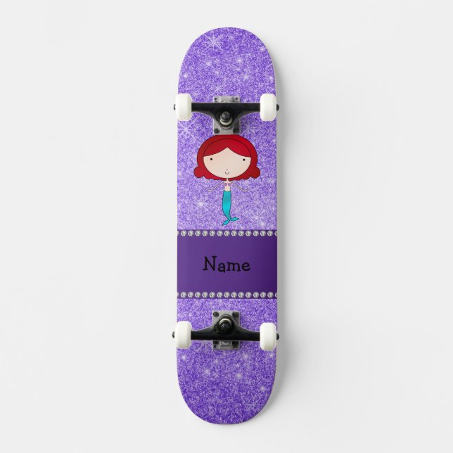 Personalised name mermaid purple glitter skateboard (Front)