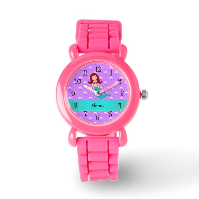 Personalised name mermaid purple pearls watch (Front)
