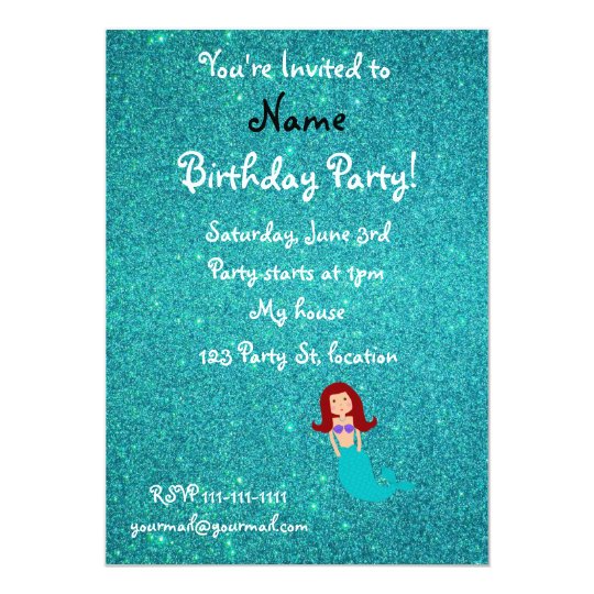 Personalised name mermaid turquoise glitter card