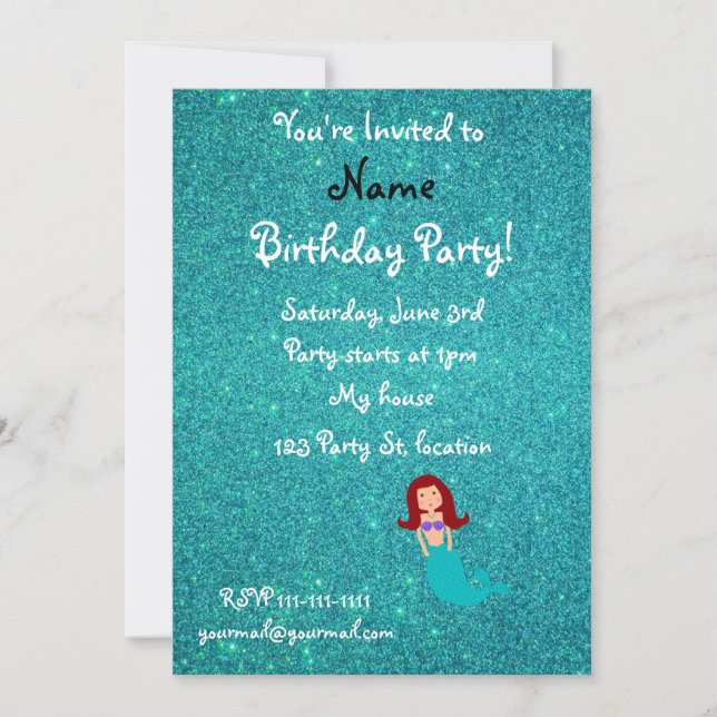 Personalised name mermaid turquoise glitter invitation (Front)