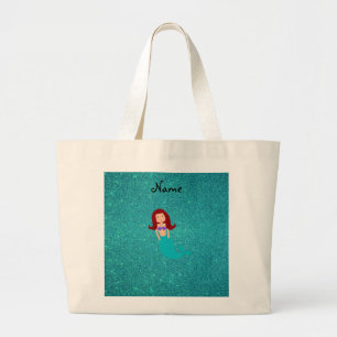 Personalised name mermaid turquoise glitter large tote bag