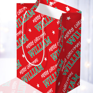 Personalised Name Merry Christmas Red Green Medium Gift Bag