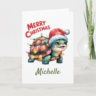 Personalised Name Merry Christmas Turtle in Santa  Card