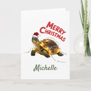Personalised Name Merry Christmas Turtle in Santa  Card