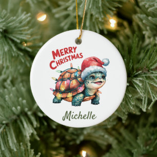 Personalised Name Merry Christmas Turtle in Santa  Ceramic Tree Decoration