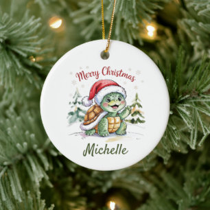 Personalised Name Merry Christmas Turtle in Santa  Ceramic Tree Decoration
