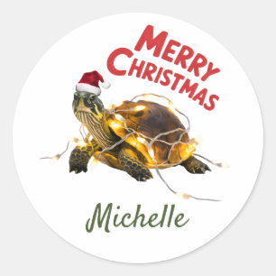 Personalised Name Merry Christmas Turtle in Santa  Classic Round Sticker
