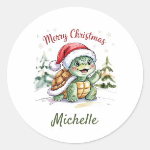 Personalised Name Merry Christmas Turtle in Santa  Classic Round Sticker