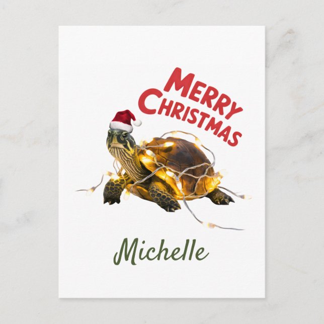 Personalised Name Merry Christmas Turtle in Santa  Postcard (Front)