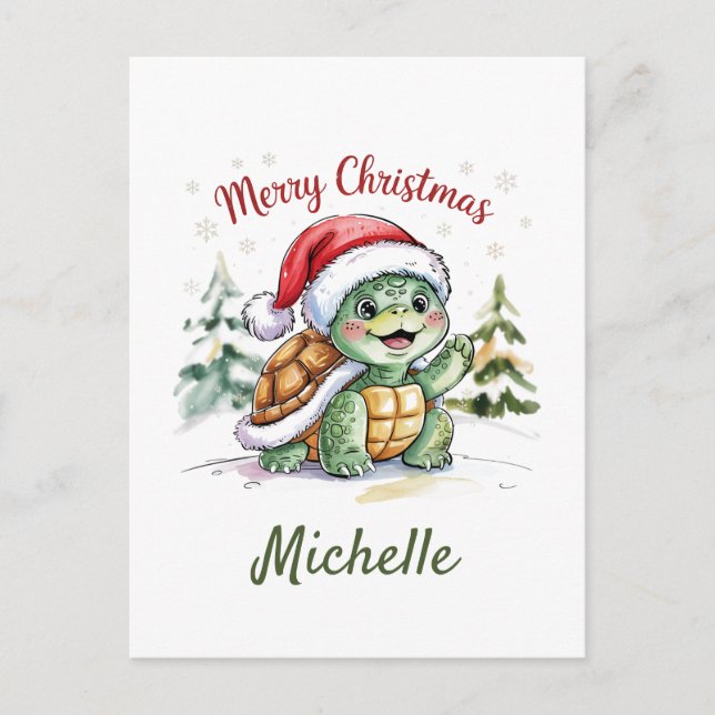 Personalised Name Merry Christmas Turtle in Santa  Postcard (Front)