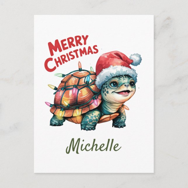 Personalised Name Merry Christmas Turtle in Santa  Postcard (Front)