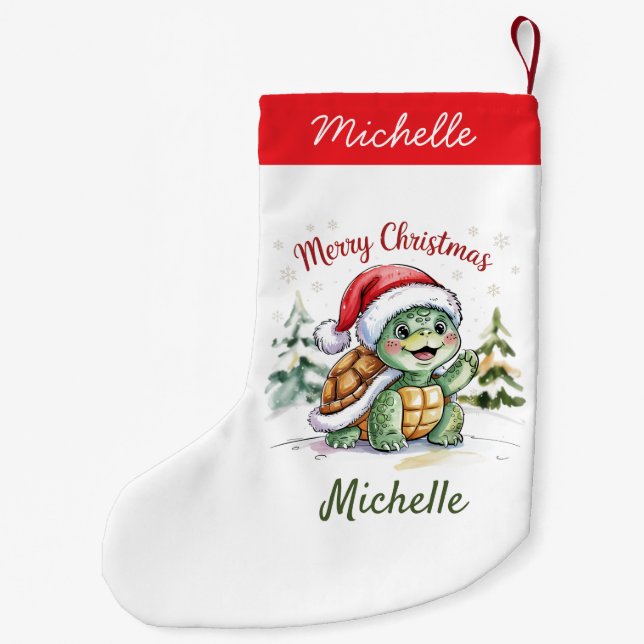 Personalised Name Merry Christmas Turtle in Santa  Small Christmas Stocking (Back)