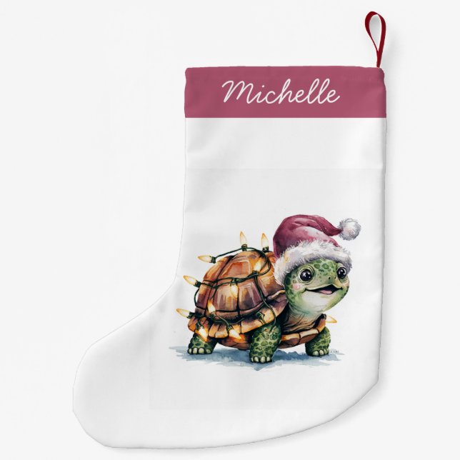 Personalised Name Merry Christmas Turtle in Santa Small Christmas Stocking (Back)