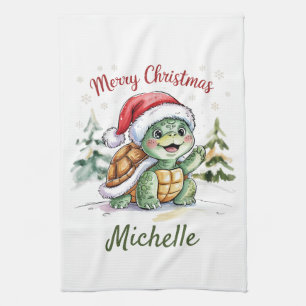 Personalised Name Merry Christmas Turtle in Santa  Tea Towel