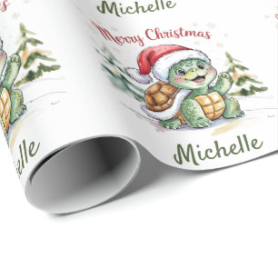Personalised Name Merry Christmas Turtle in Santa  Wrapping Paper