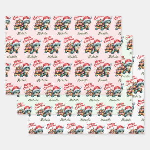 Personalised Name Merry Christmas Turtle in Santa Wrapping Paper Sheet