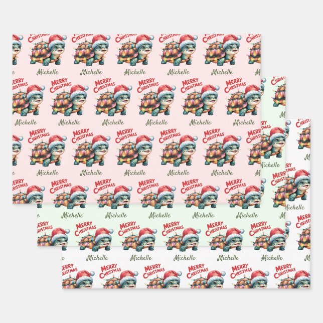 Personalised Name Merry Christmas Turtle in Santa  Wrapping Paper Sheet (Set)