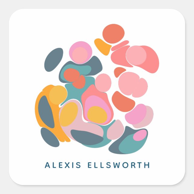 Personalised Name Modern Abstract Shapes Blue Square Sticker (Front)