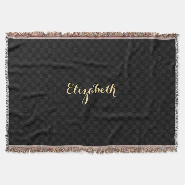 Personalised Name Modern Black Check Pattern Woven Throw Blanket (Front)