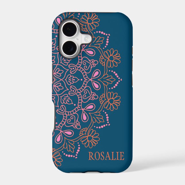 Personalised Name Modern Blue Boho Floral Mandala  (Back)