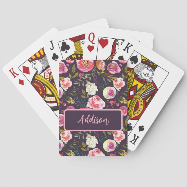 Personalised name Modern Boho Floral monogram Playing Cards (Back)