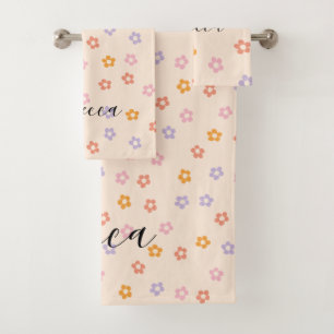 Personalised Name Modern Coloured Daisy Pattern Bath Towel Set