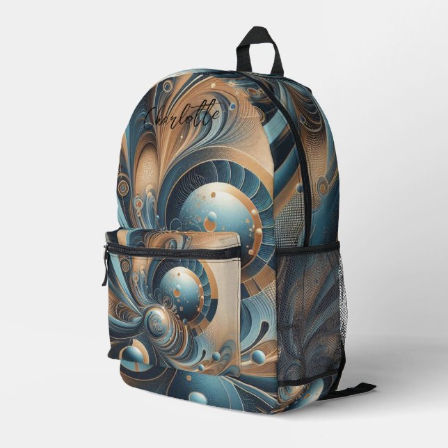 Personalised Name Modern Fractal Blue Gold Chic Printed Backpack (Back Corner Right)