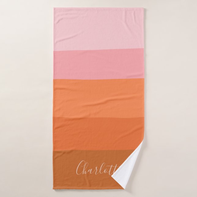 Personalised Name Modern Pink Orange Stripe Sunset Bath Towel (Bath Towel)