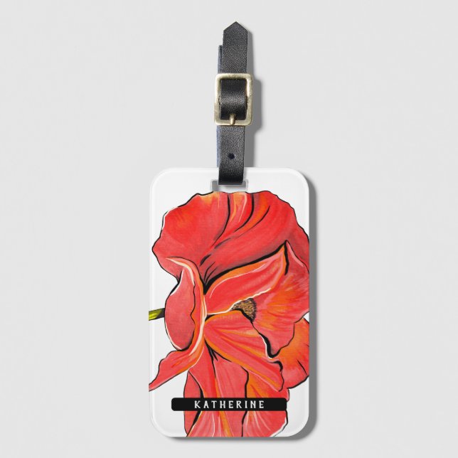 Personalised Name Modern Red Poppy Flower Luggage Tag (Front Vertical)