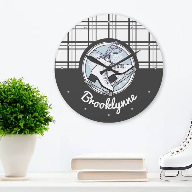 Personalised Name Modern Tartan Ice Skating  Large Clock (Creator Uploaded)
