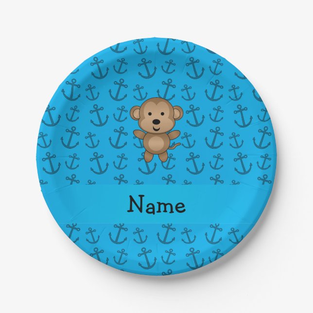 Personalised name monkey blue anchors pattern paper plate (Front)