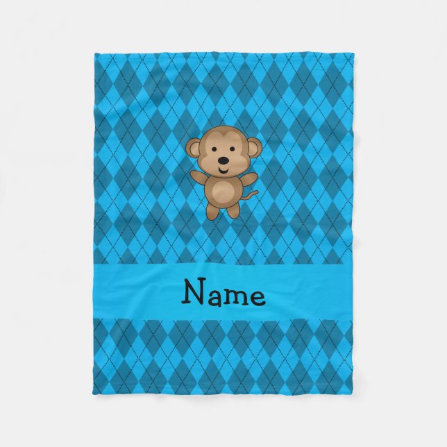 Personalised name monkey blue argyle fleece blanket (Front)
