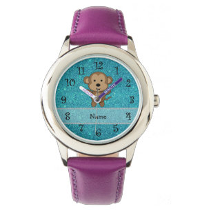 Personalised name monkey turquoise glitter watch