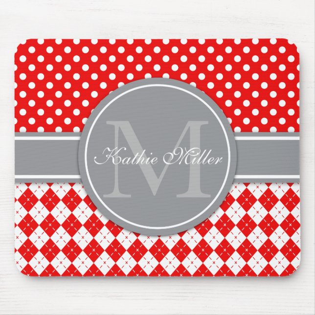 Personalised Name & Monogram Argyle Polkadot Mouse Mat (Front)