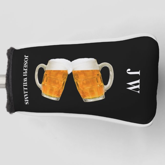 Personalised Name & Monogram Beer Photo Black  Golf Head Cover (Front)