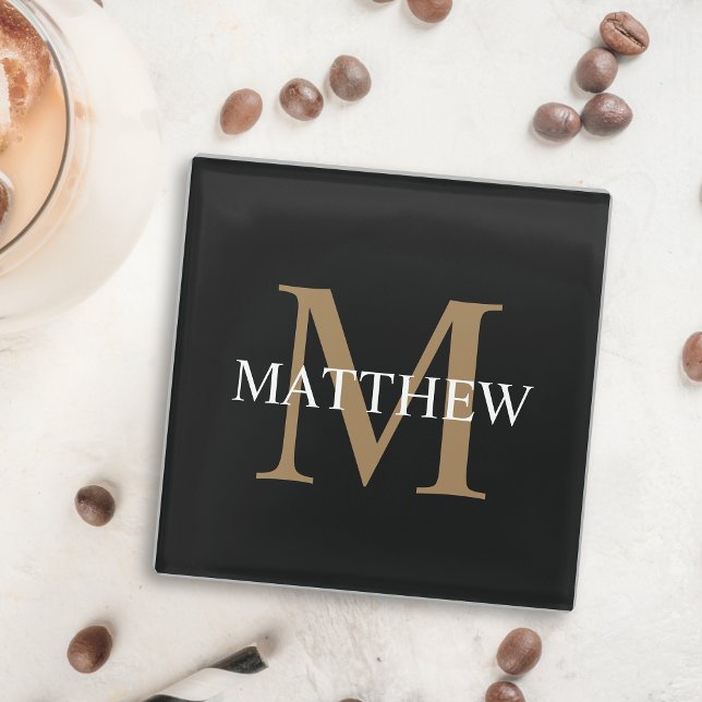 Personalised Name Monogram Black Glass Coaster (Creator Uploaded)