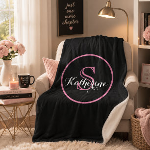 Personalised Name Monogram Black Pink Sherpa Blanket