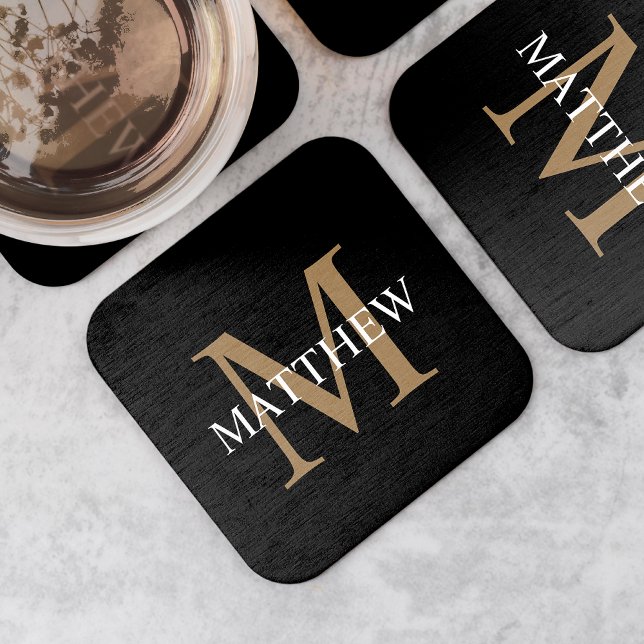 Personalised Name Monogram Black Square Paper Coaster (Creator Uploaded)
